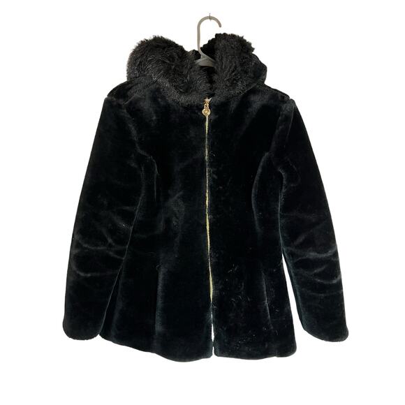 Susan Graver Jackets & Blazers - Susan Graver Black Reversible Coat Jacket Faux Fur Satin Hood S Small